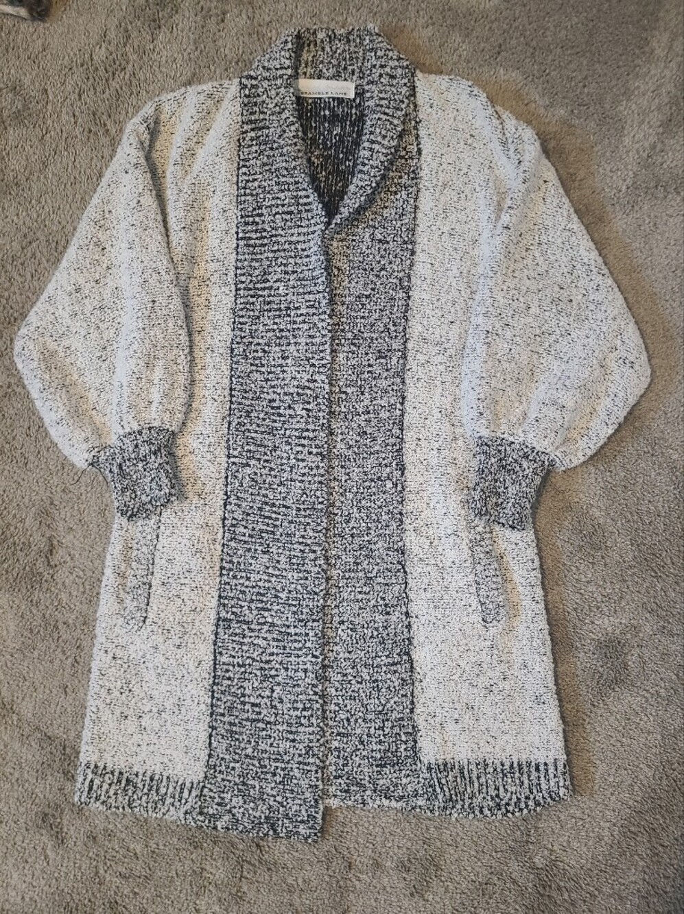 Cozy Gray Two-Tone Open Front Duster Long Cardigan Knit Sweater Bishop Sleeve